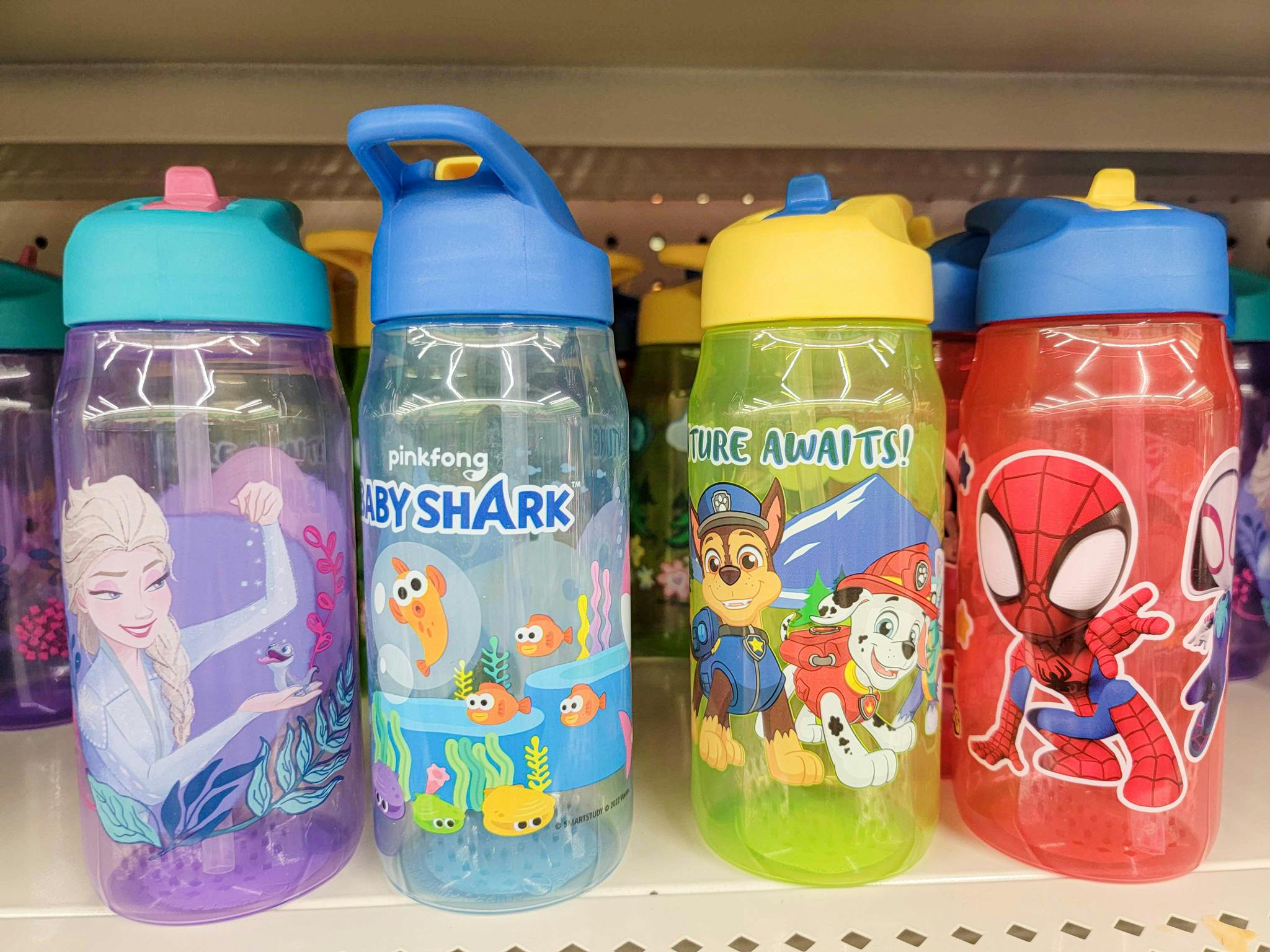 frozen, baby shark, paw patrol, and spiderman kids cups