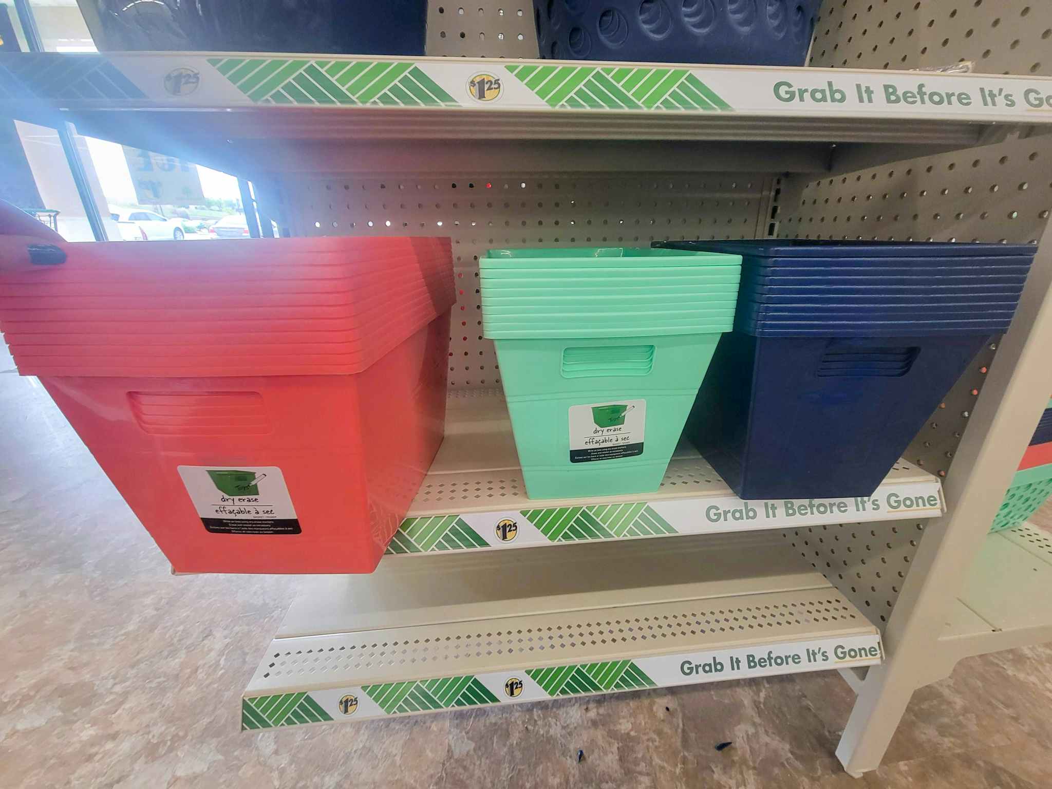 coral, teal, and navy dry erase bins