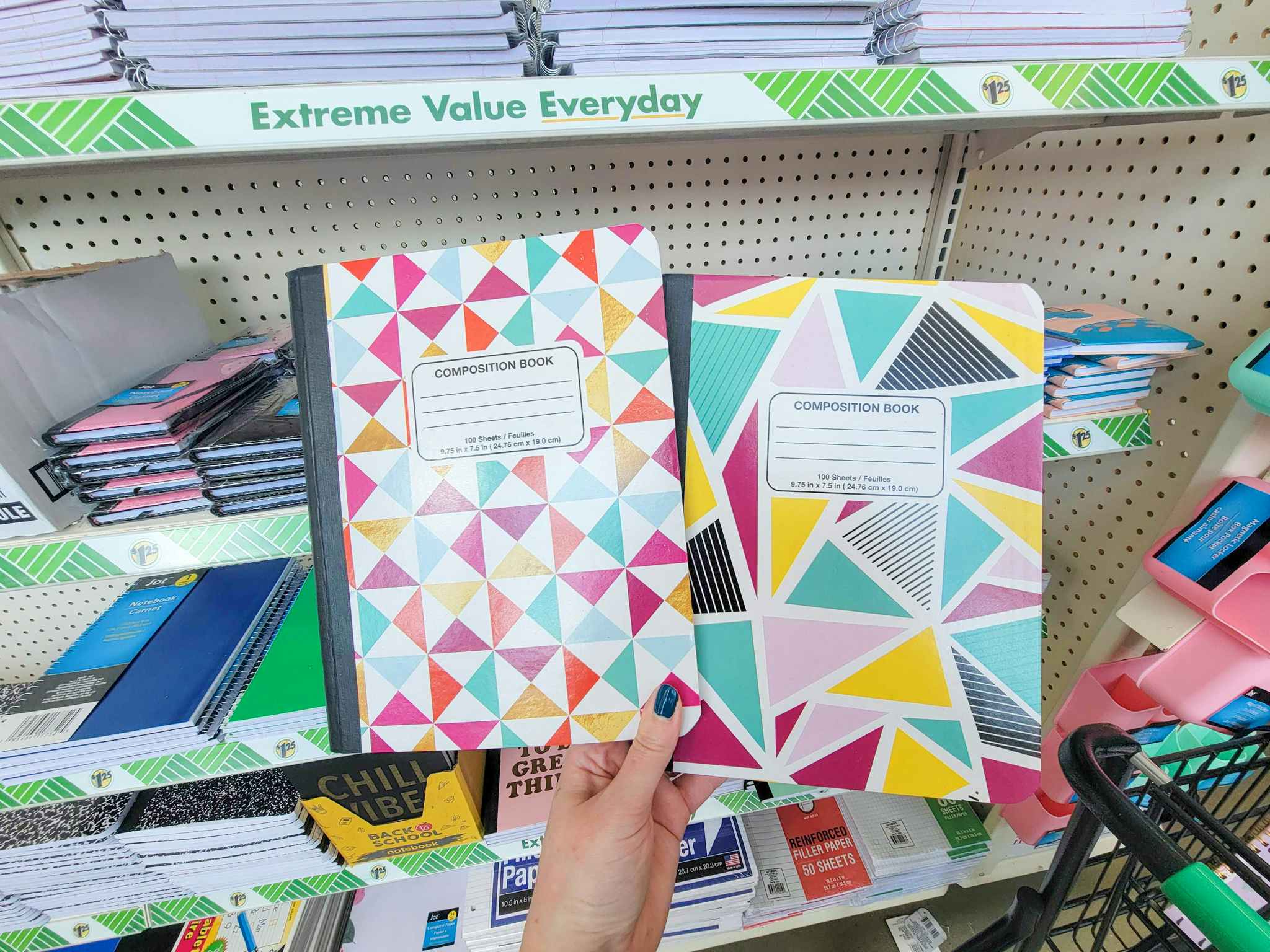 composition notebooks at dollar tree with geometric prints