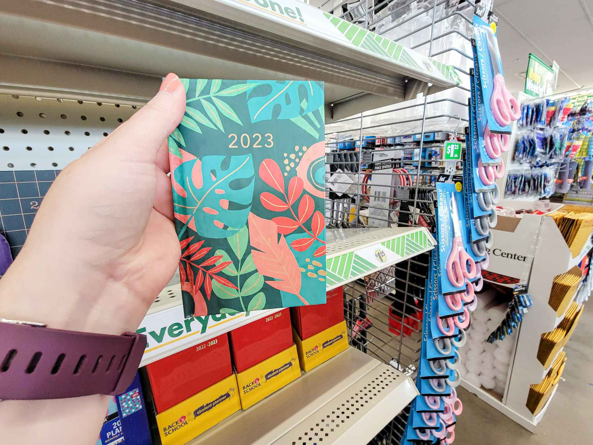 hand holding a hardcover 2023 planner with tropical leaves on it