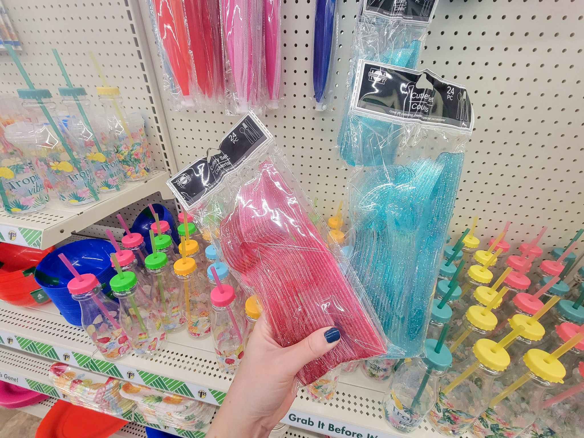 teal and pink glittery plastic cutlery
