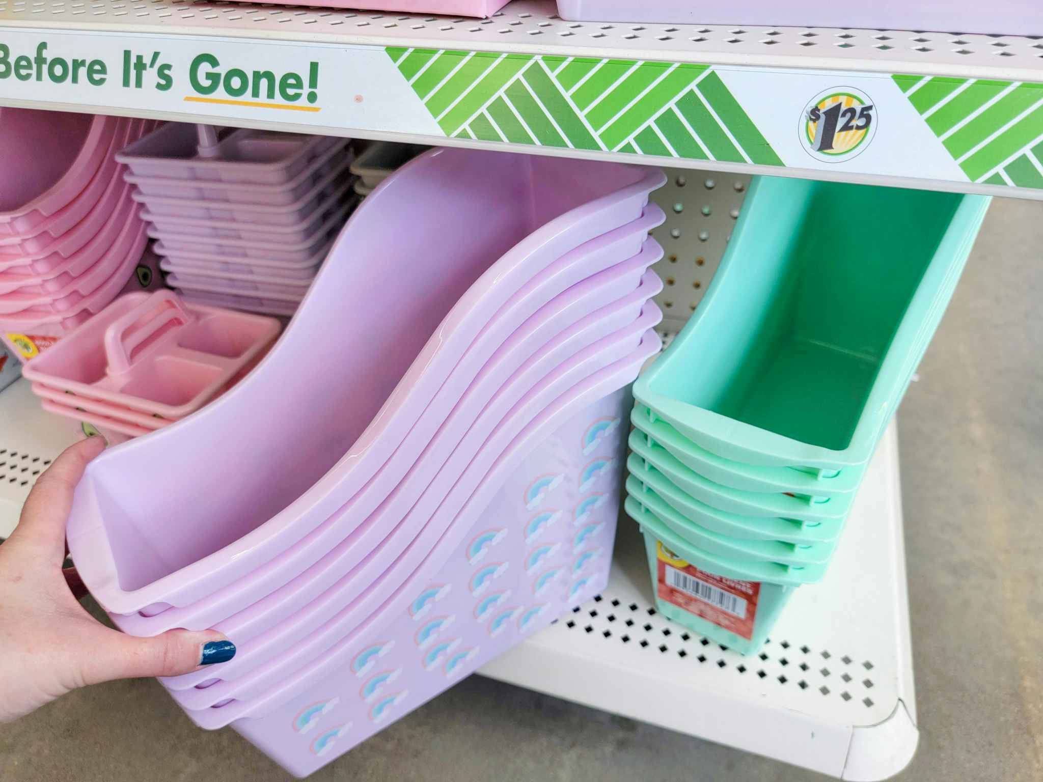 book bin organizers in pastel colors