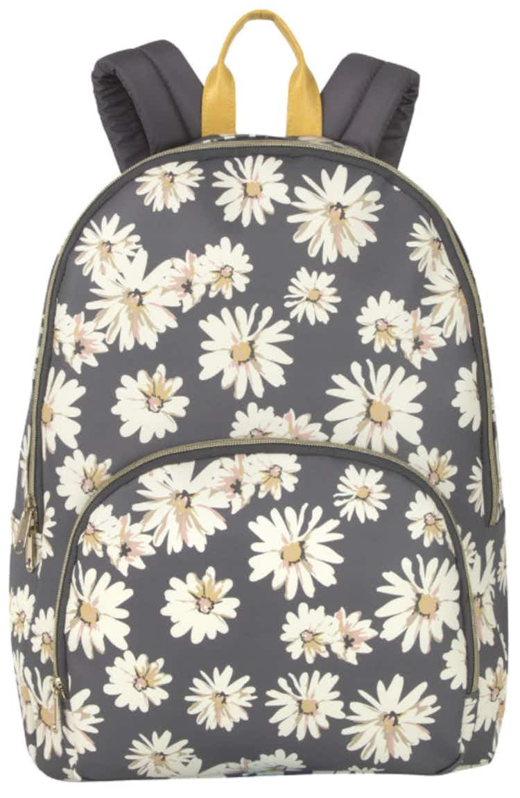 a black backpack with white and yellow daisys