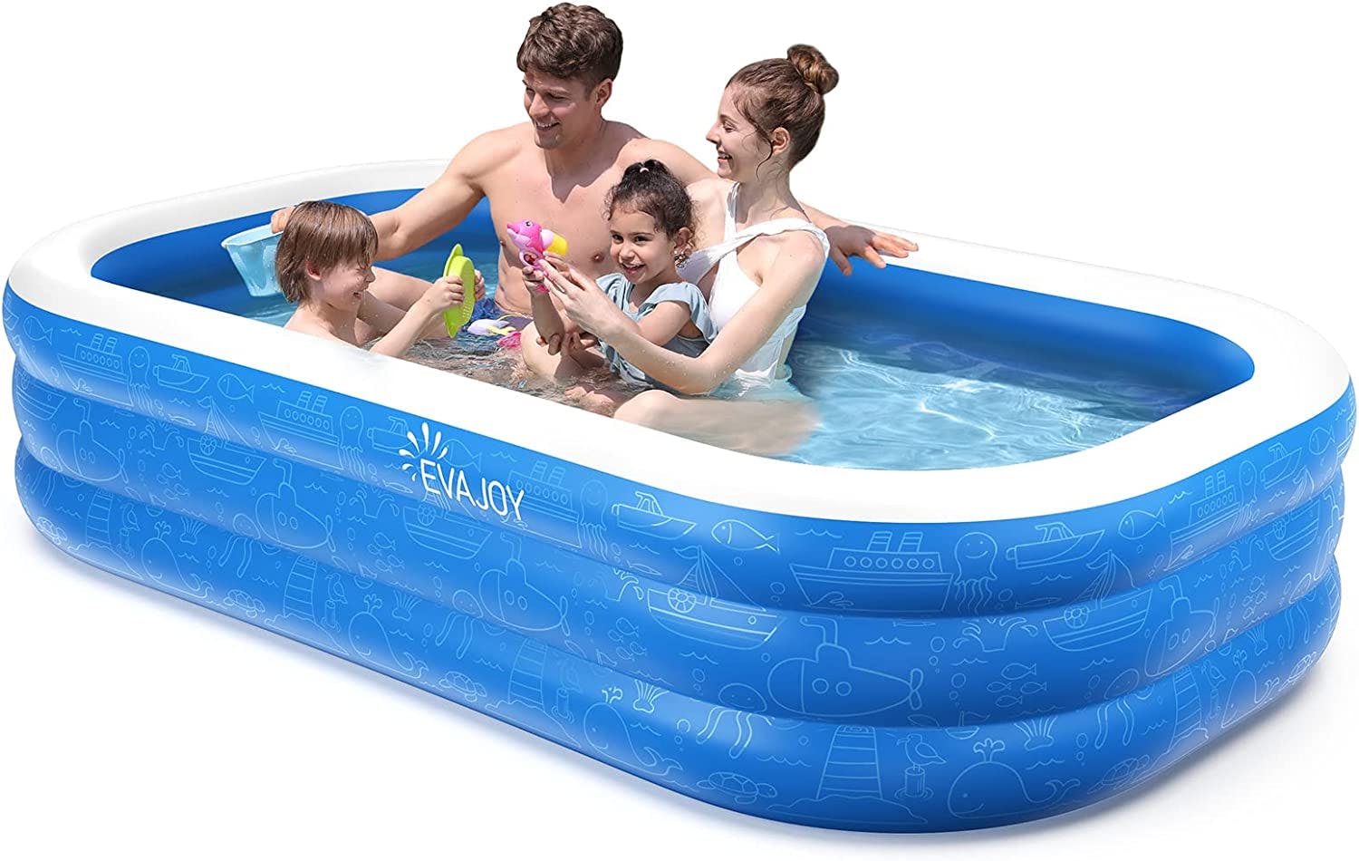 Two adults and two children sitting an inflatable swimming pool.