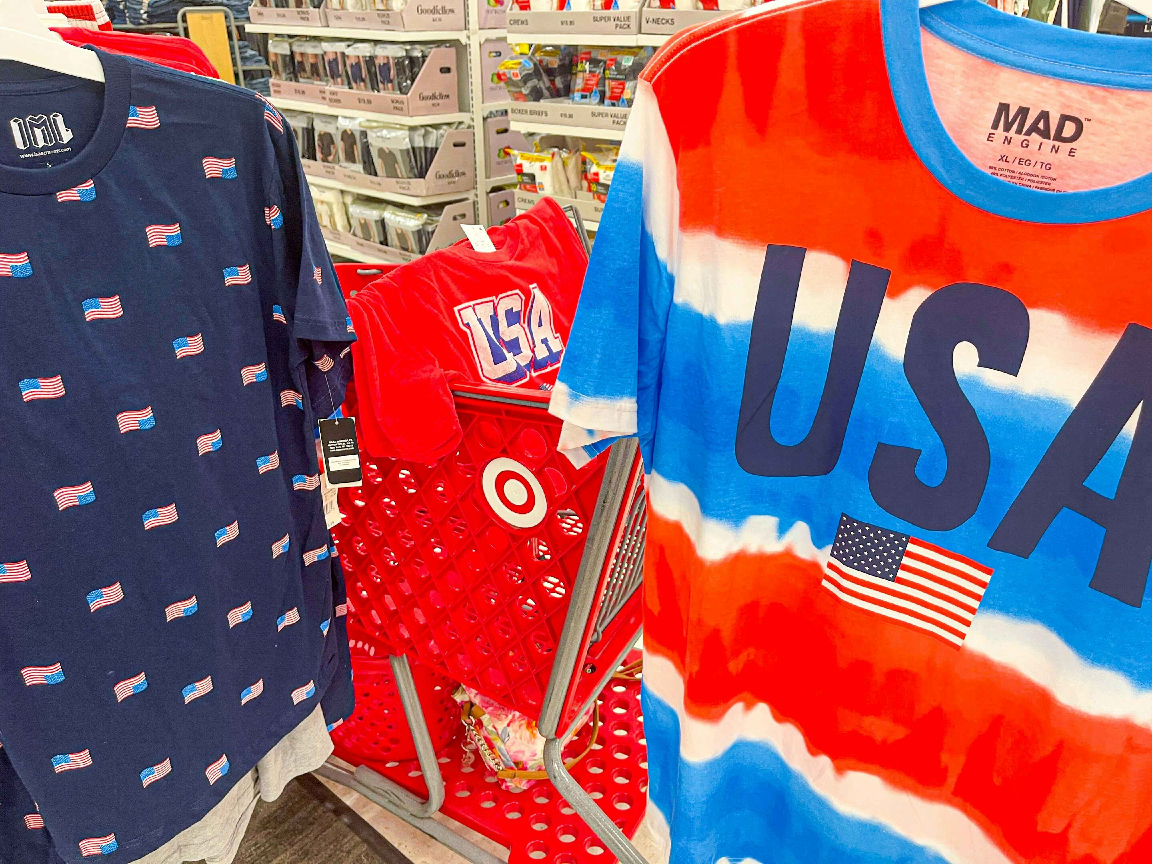 USA themed tees in front of Target shopping cart