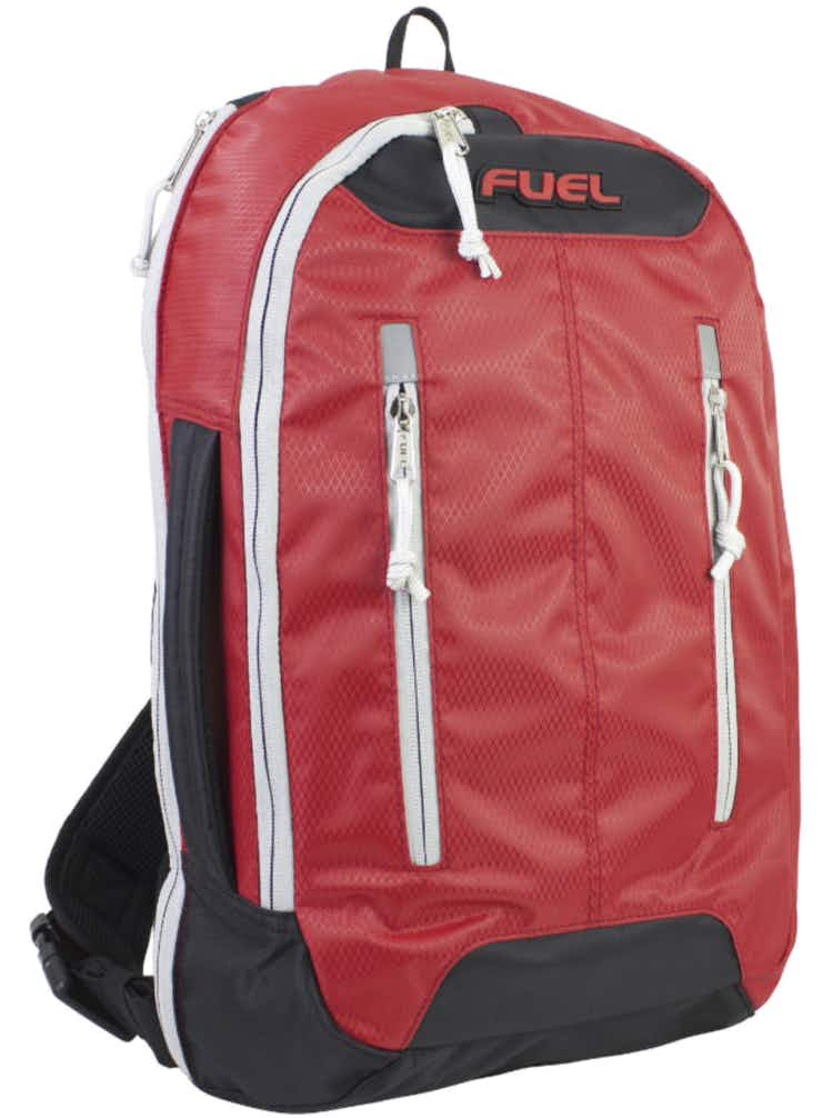 a red backpack with black straps 