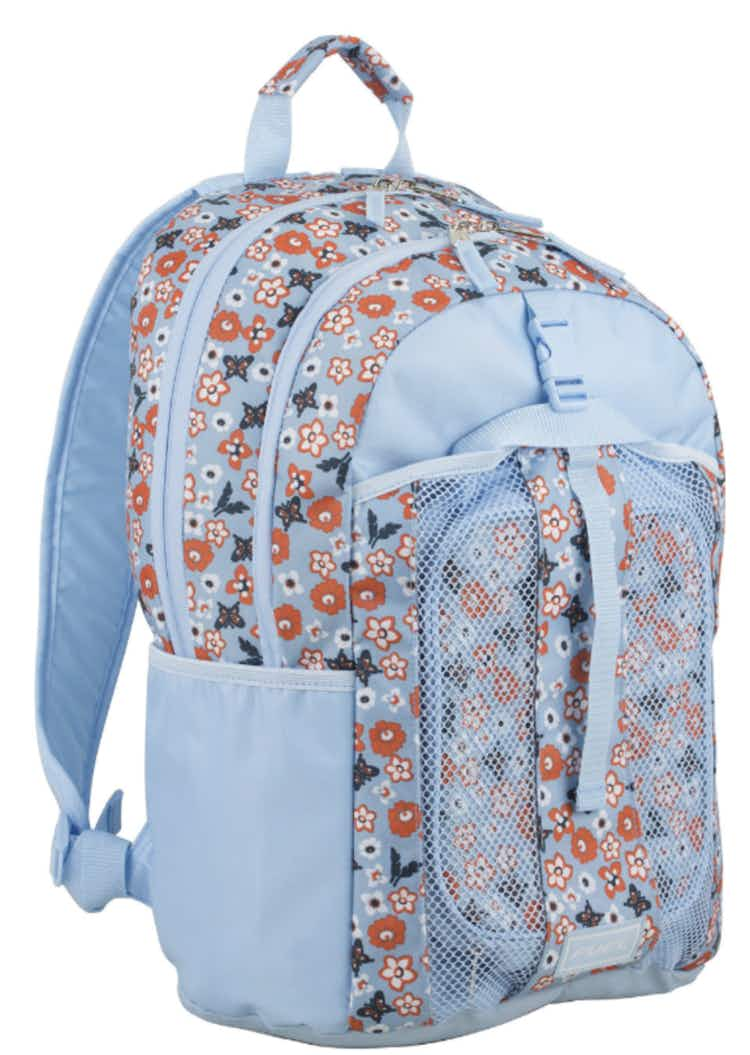 a blue floral backpack