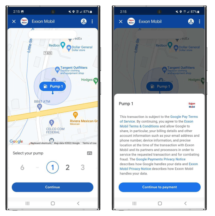 A graphic of two android phones showing the Google Pay feature to pay for gas from your phone.