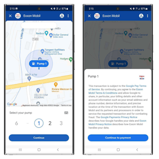 A graphic of two android phones showing the Google Pay feature to pay for gas from your phone.