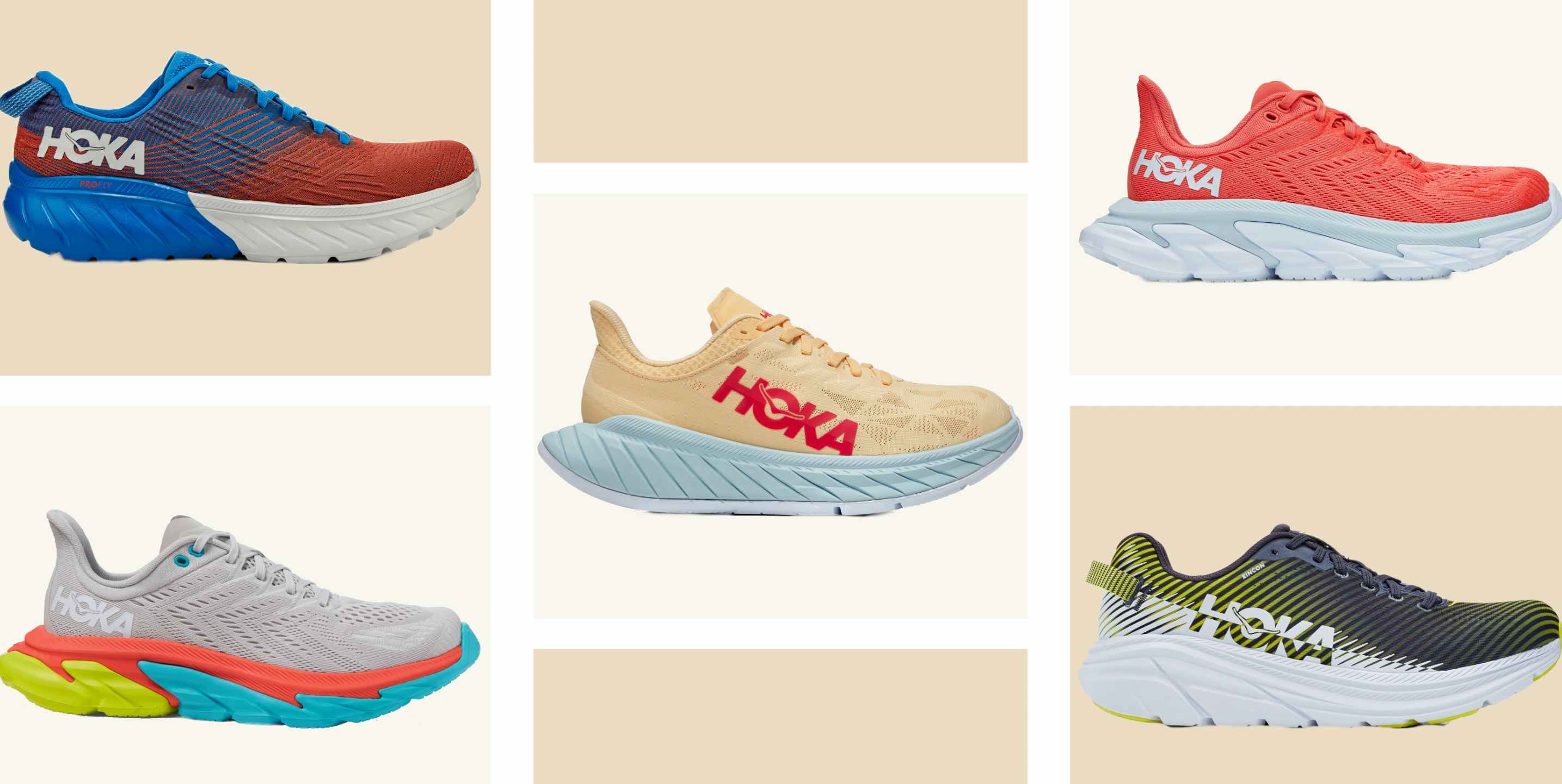 a collage of hoka running shoes