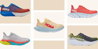 a collage of hoka running shoes