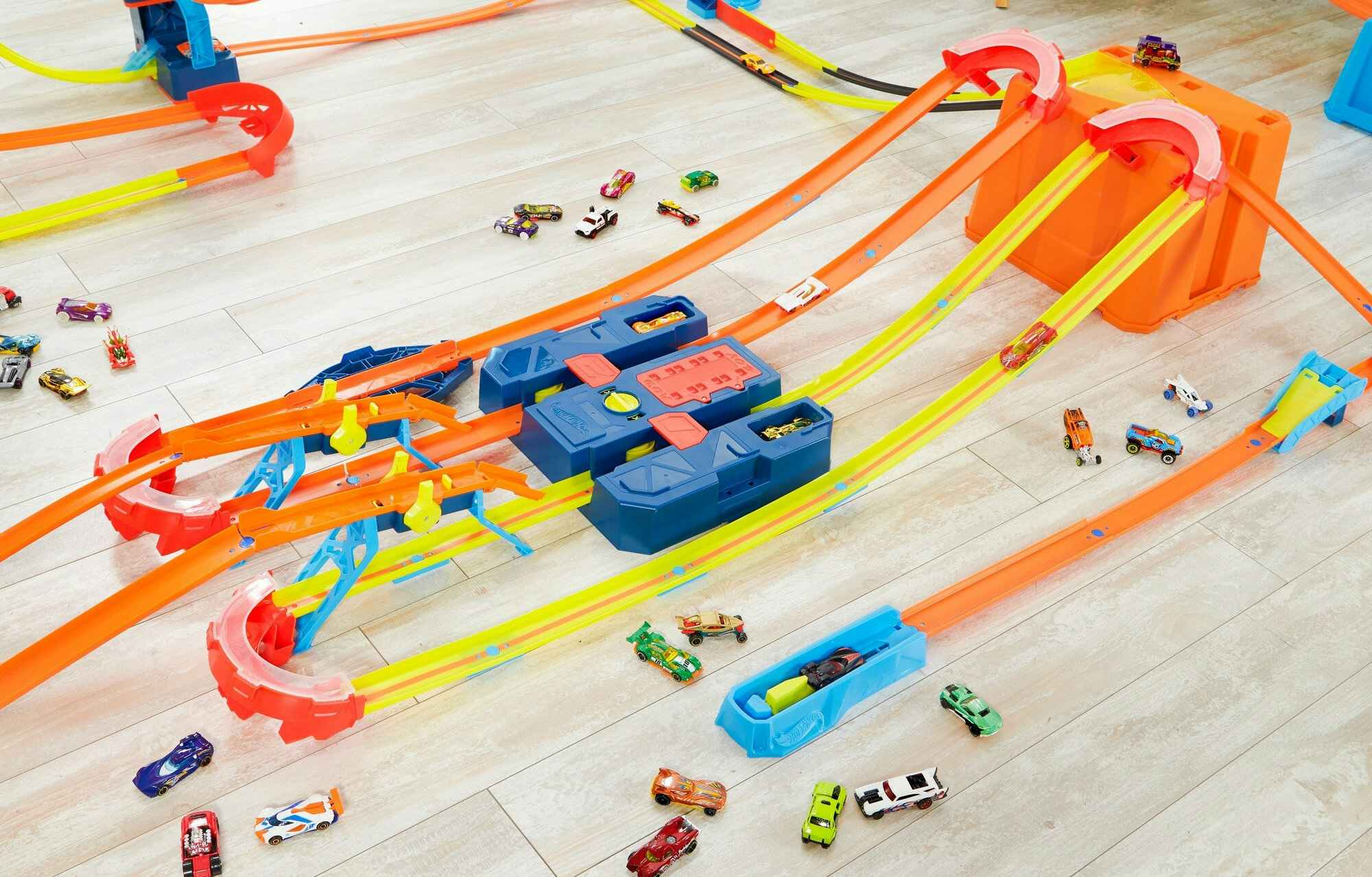 hotwheels track set set out on the floor
