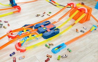 hotwheels track set set out on the floor