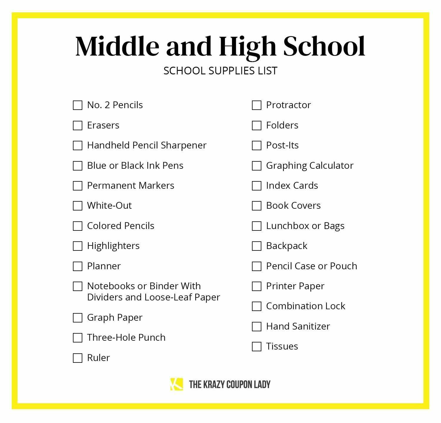 Back to School Supplies List