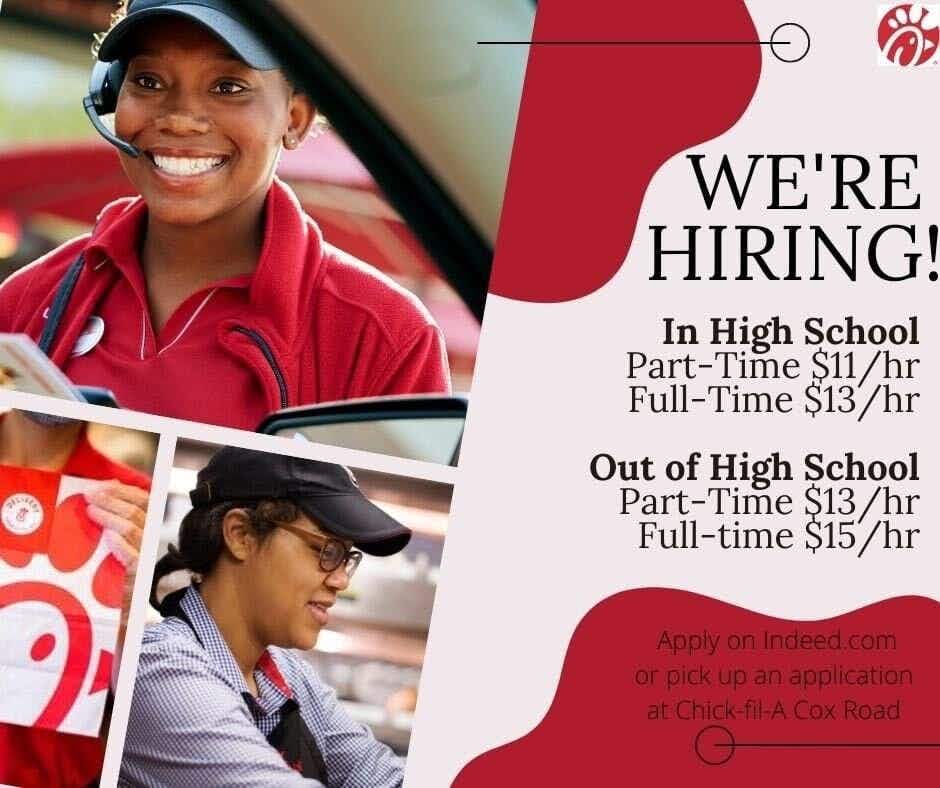 Chick-fil-A hiring ad with pay rates for in high school employees verses out of high school employees. 