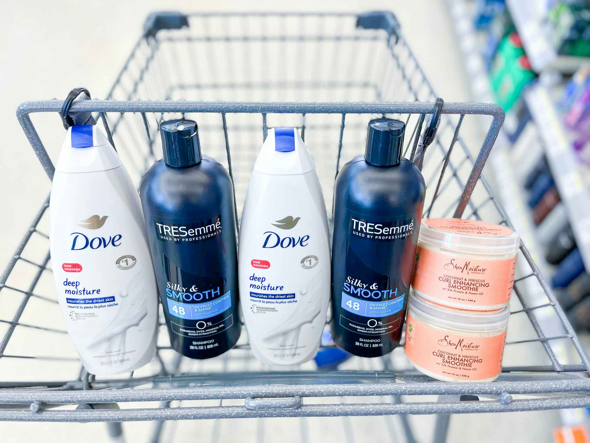 dove, tresemme, and sheamoisture in basket