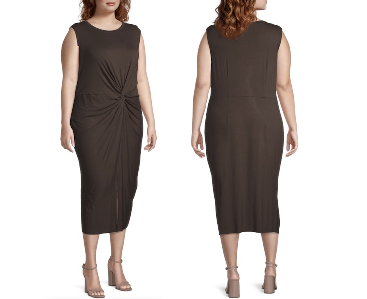 A JCPenney model wearing Liz Claiborne Sleeveless Midi Sheath Dress on a white background.