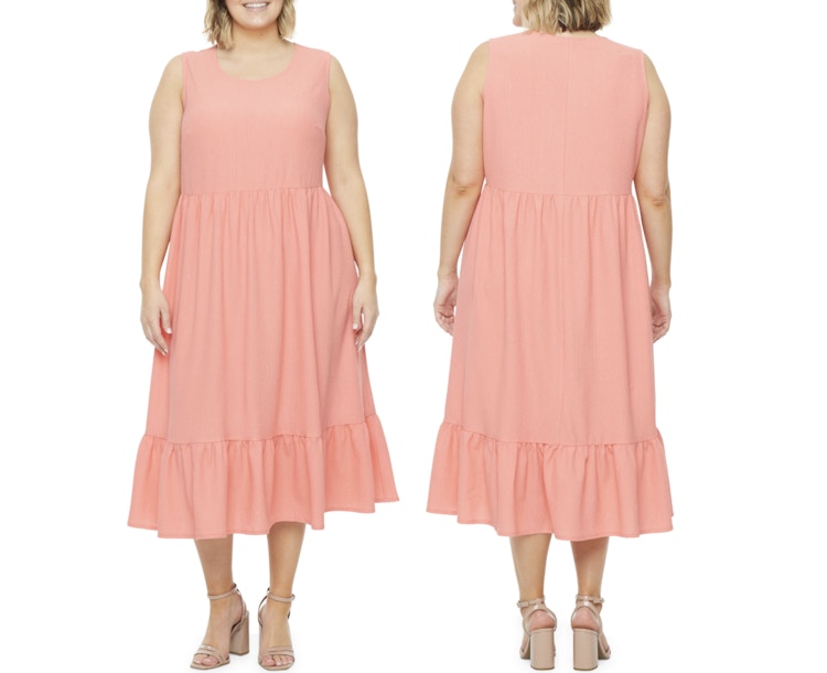 A JCPenney model wearing a 52seven Plus Sleeveless Midi Fit + Flare Dress on a white background.