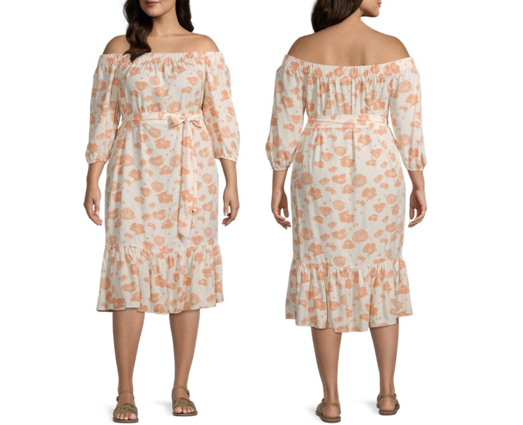 A JCPenney model wearing an a.n.a Plus 3/4 Sleeve Floral Fit + Flare Dress on a white background.