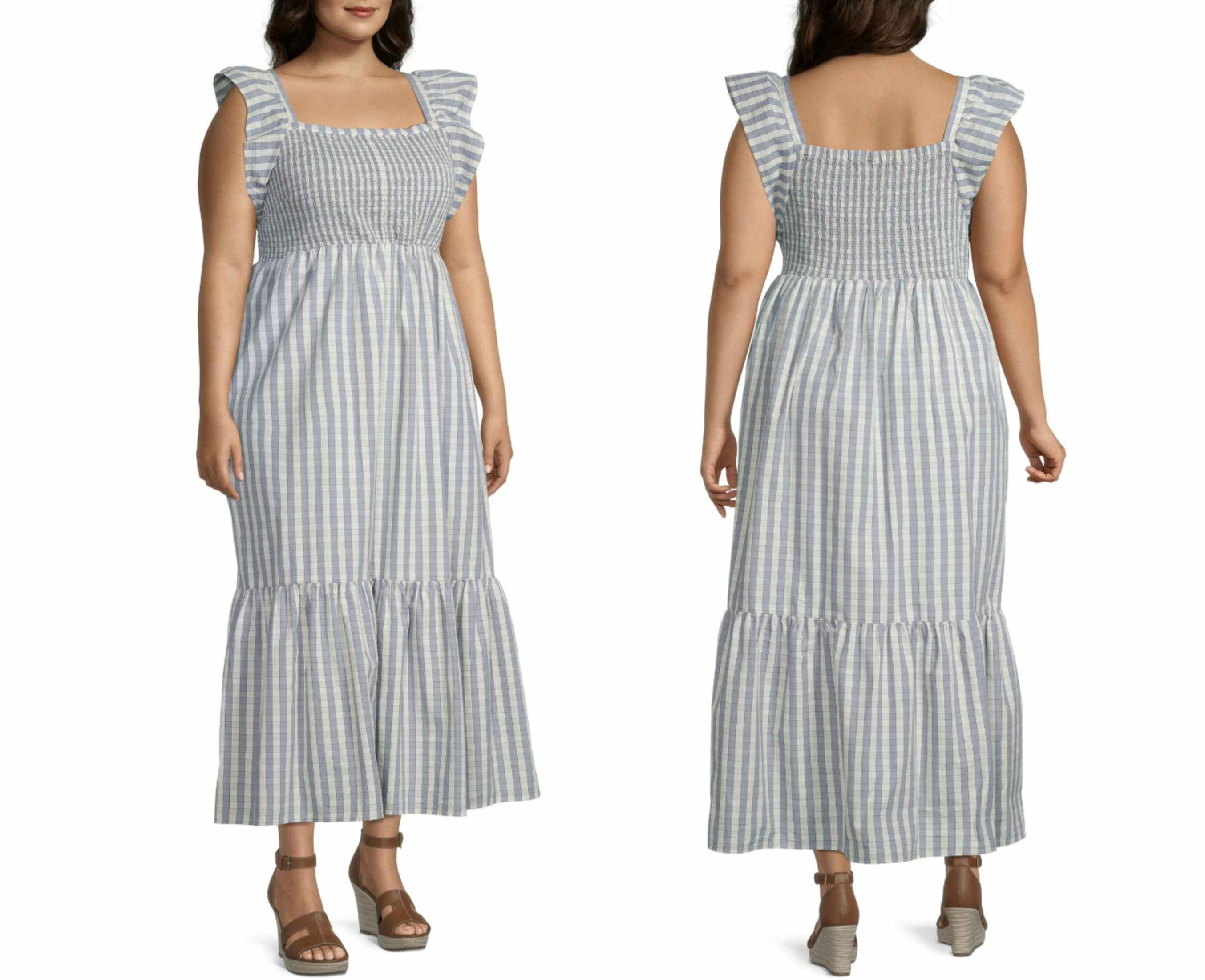 A JCPenney model wearing an a.n.a Plus Short Sleeve Plaid Maxi Dress on a white background.
