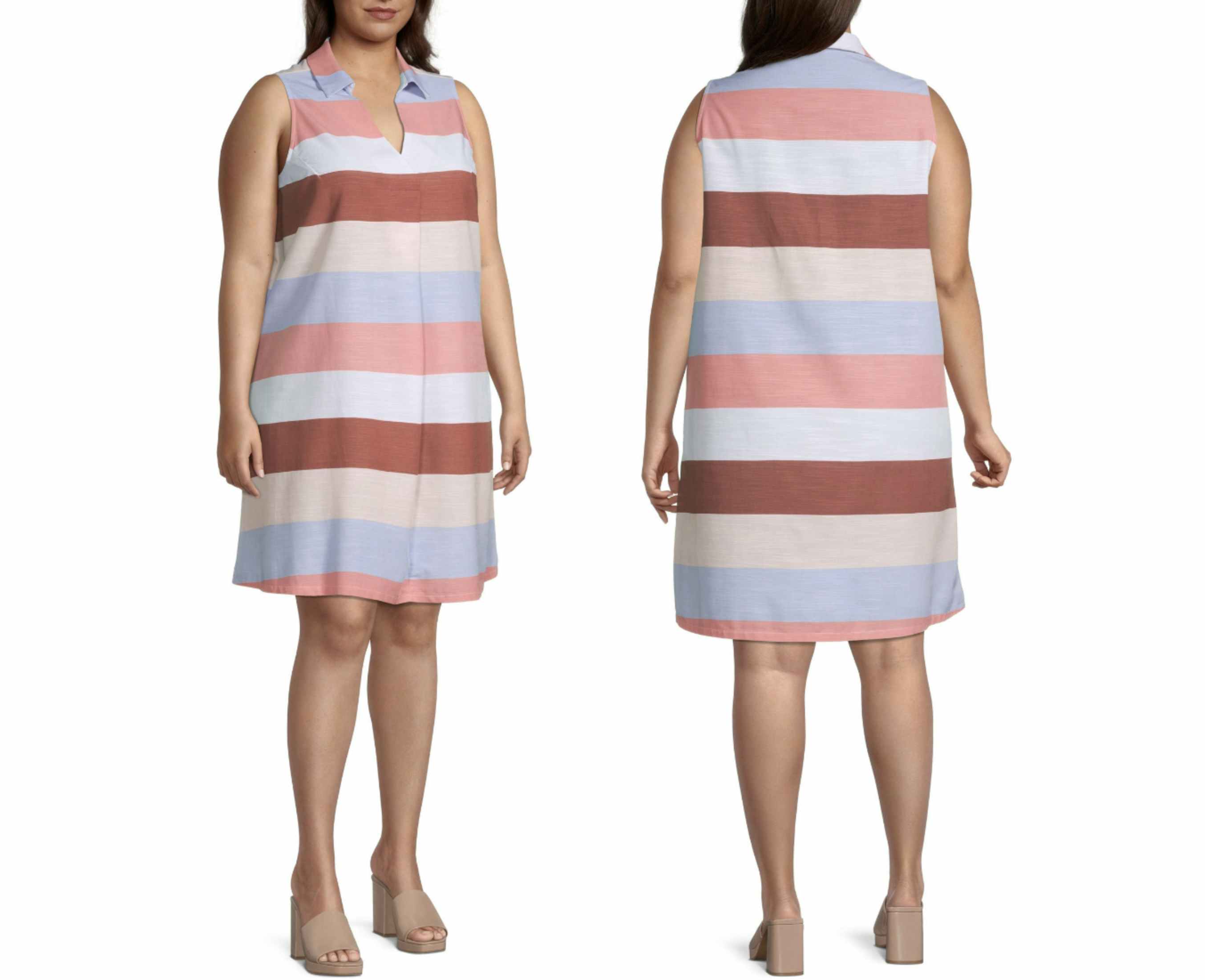 A JCPenney model wearing a Liz Claiborne Sleeveless Striped A-Line Dress Plus on a white background.