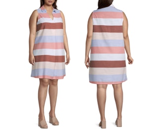 A JCPenney model wearing a Liz Claiborne Sleeveless Striped A-Line Dress Plus on a white background.