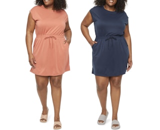 A JCPenney model wearing a Stylus Short Sleeve T-shirt Dress Plus on a white background.
