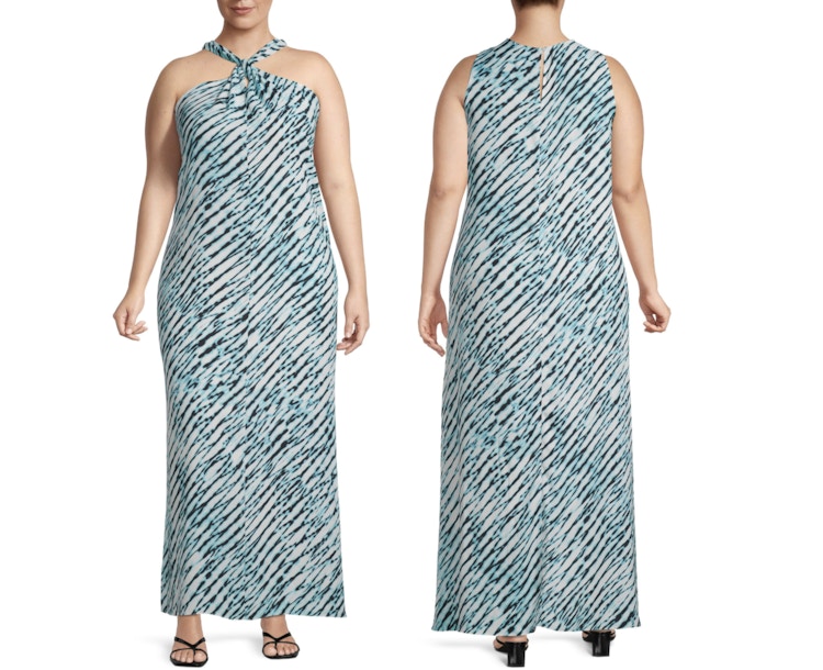A JCPenney model wearing a Worthington Plus Women's Sleeveless Midi Shift Dress on a white background.