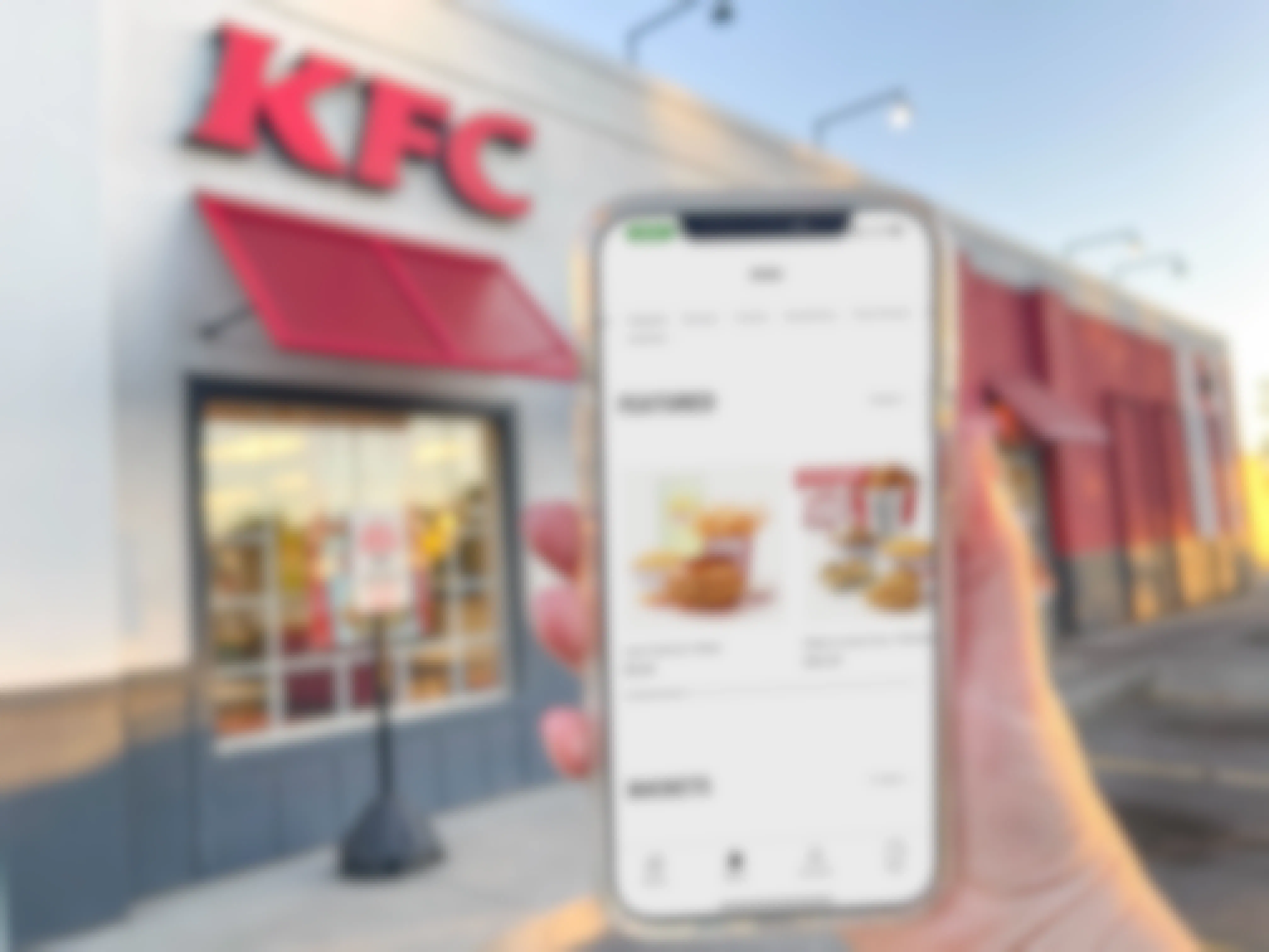 A person's hand holding up an iPhone displaying the KFC app in front of a KFC restaurant.