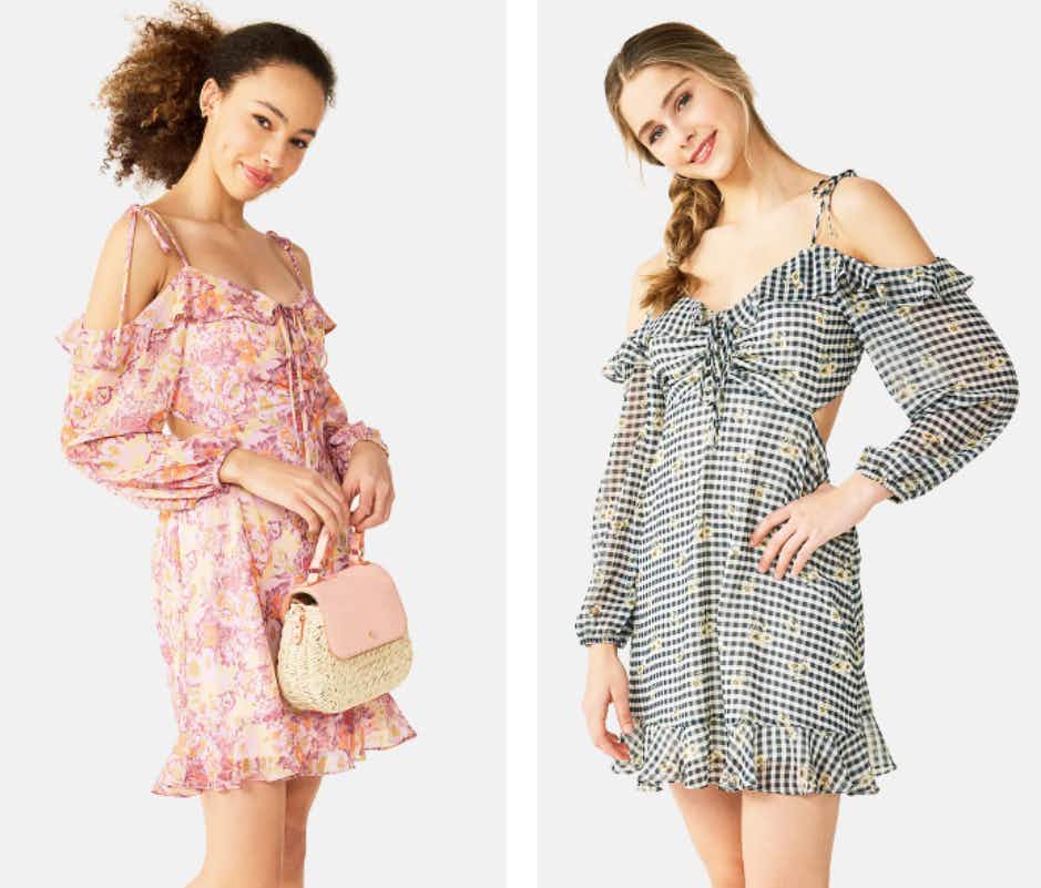 Juniors' Rewind Long Sleeve Cold Shoulder Dress