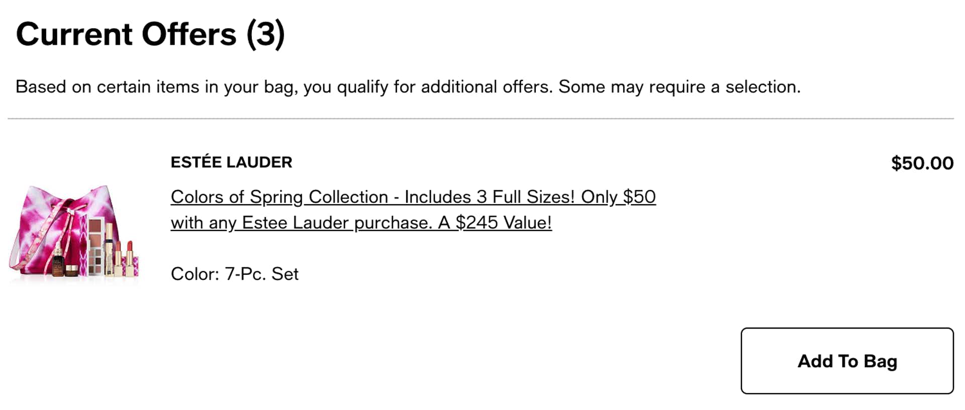 Estee Lauder cart screenshot showing where to find "current offers