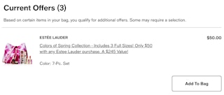 Estee Lauder cart screenshot showing where to find "current offers
