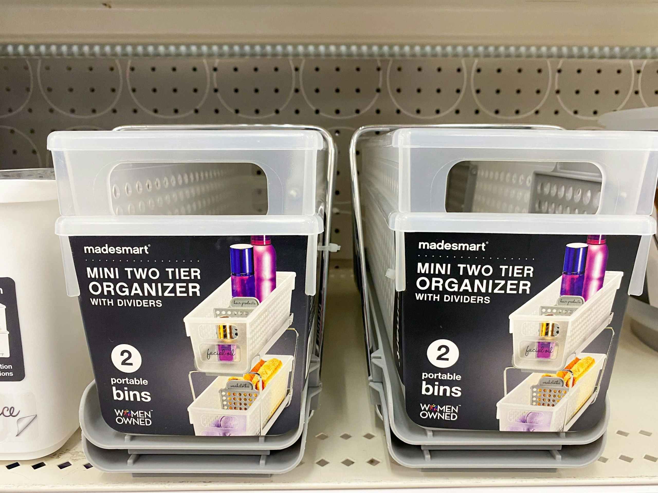 madesmart mini two-tier organizers with dividers on target shelf