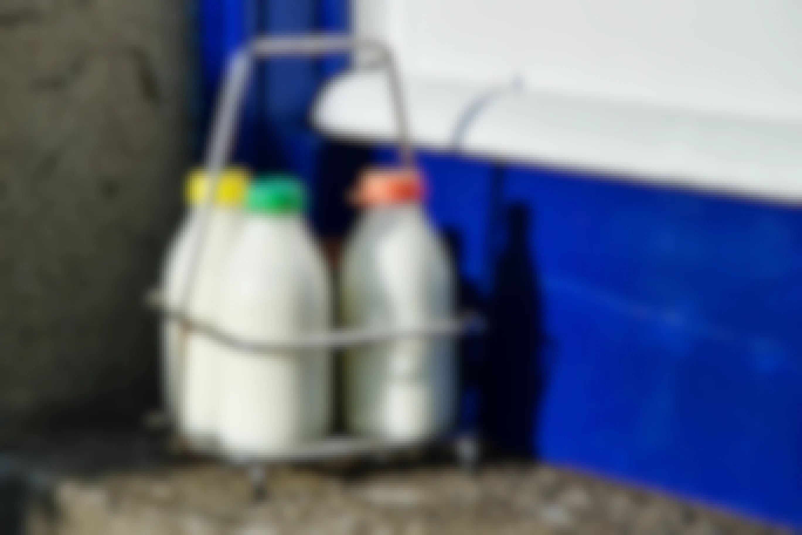 Bottles of milk in a container set on the doorstep of a home