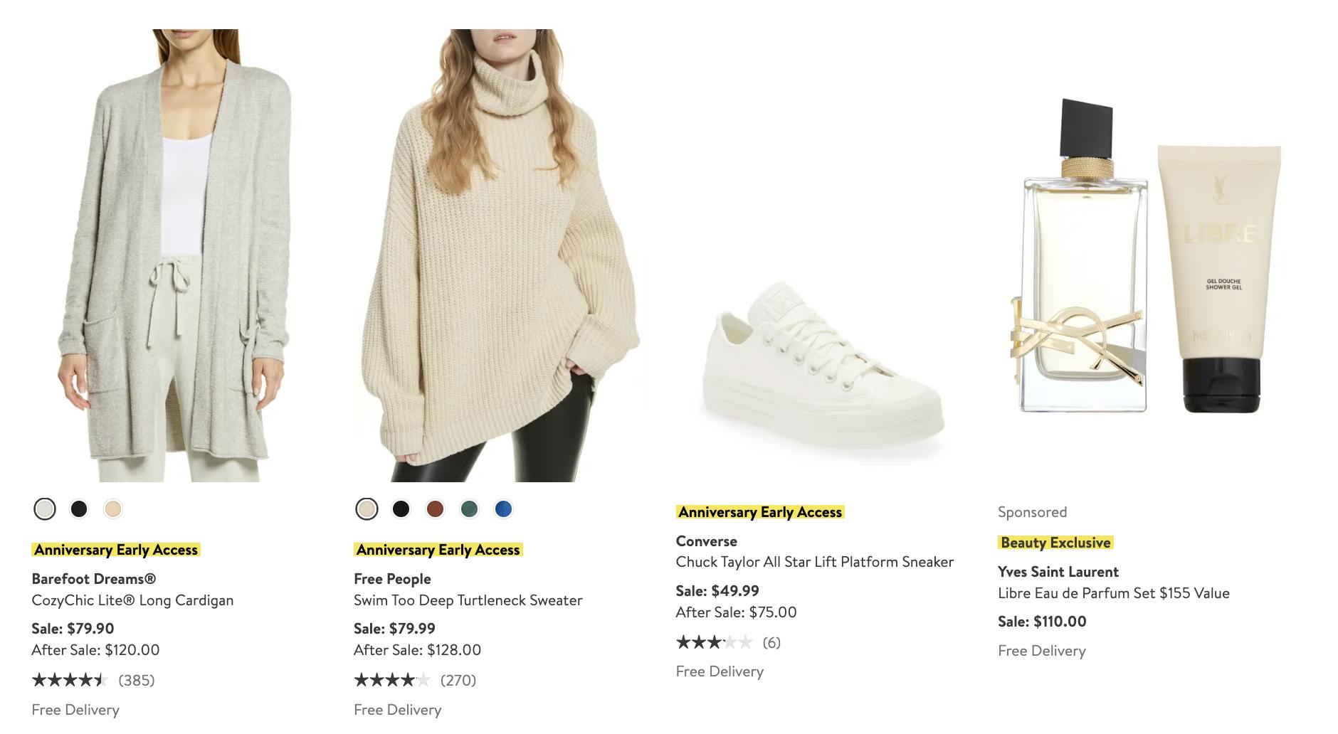 a sweter, shoes, and a beauty product featured online in Nordstrom's anniversary sale preview