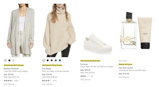 a sweter, shoes, and a beauty product featured online in Nordstrom's anniversary sale preview