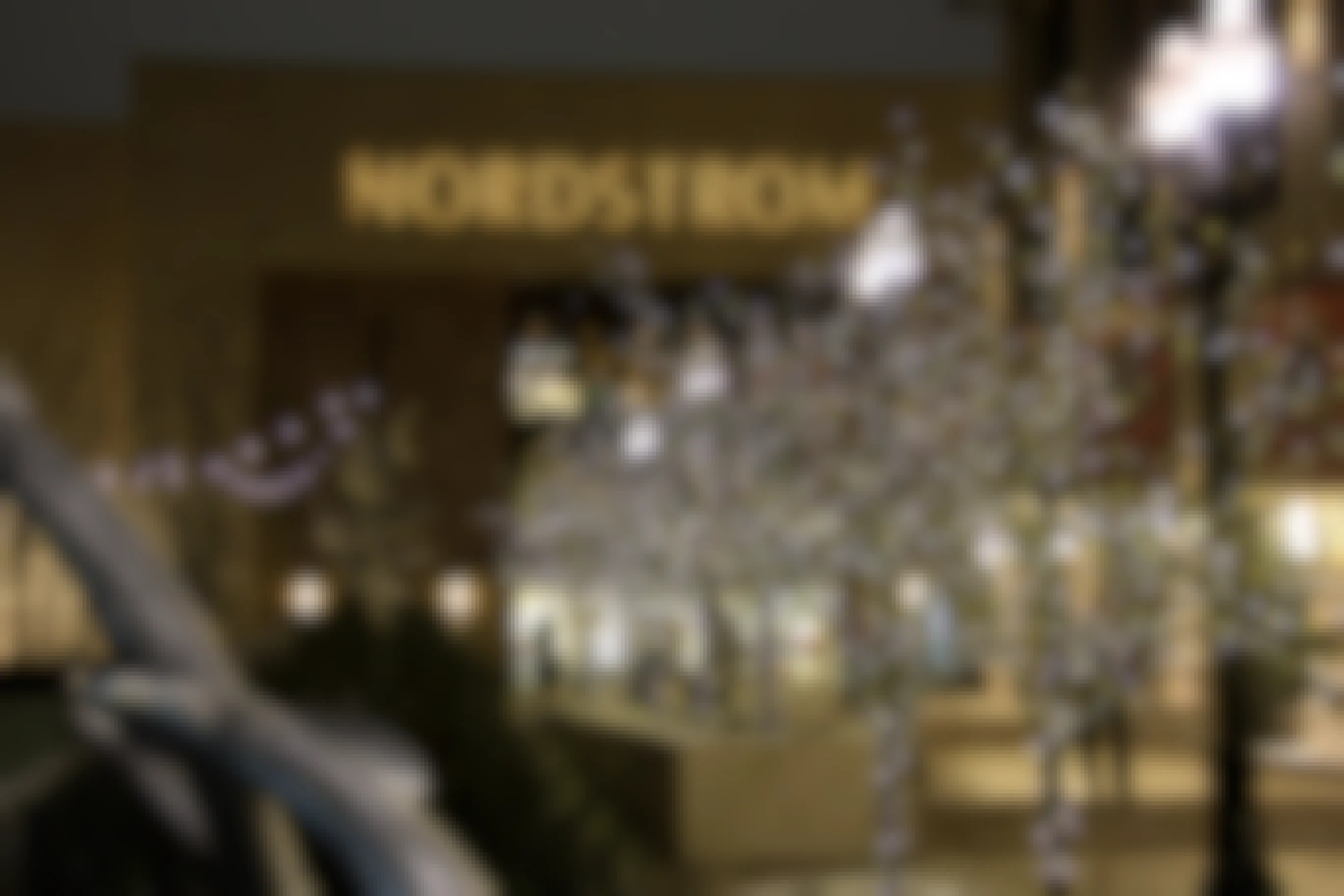 Trees decorated for Christmas outside of a Nordstrom department store