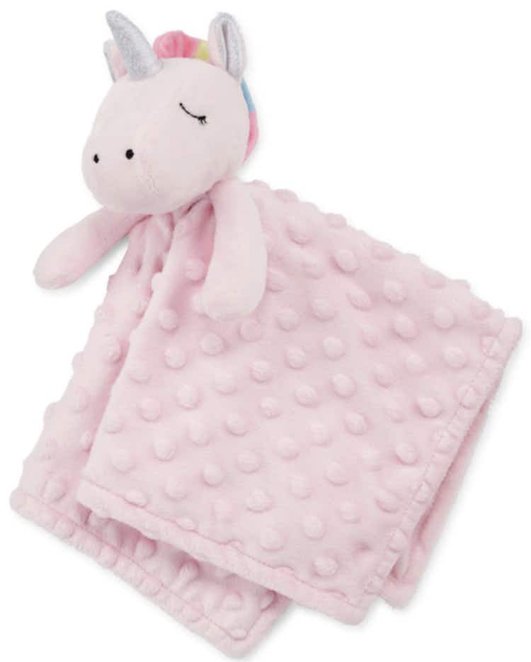 a pink unicorn baby security blanket