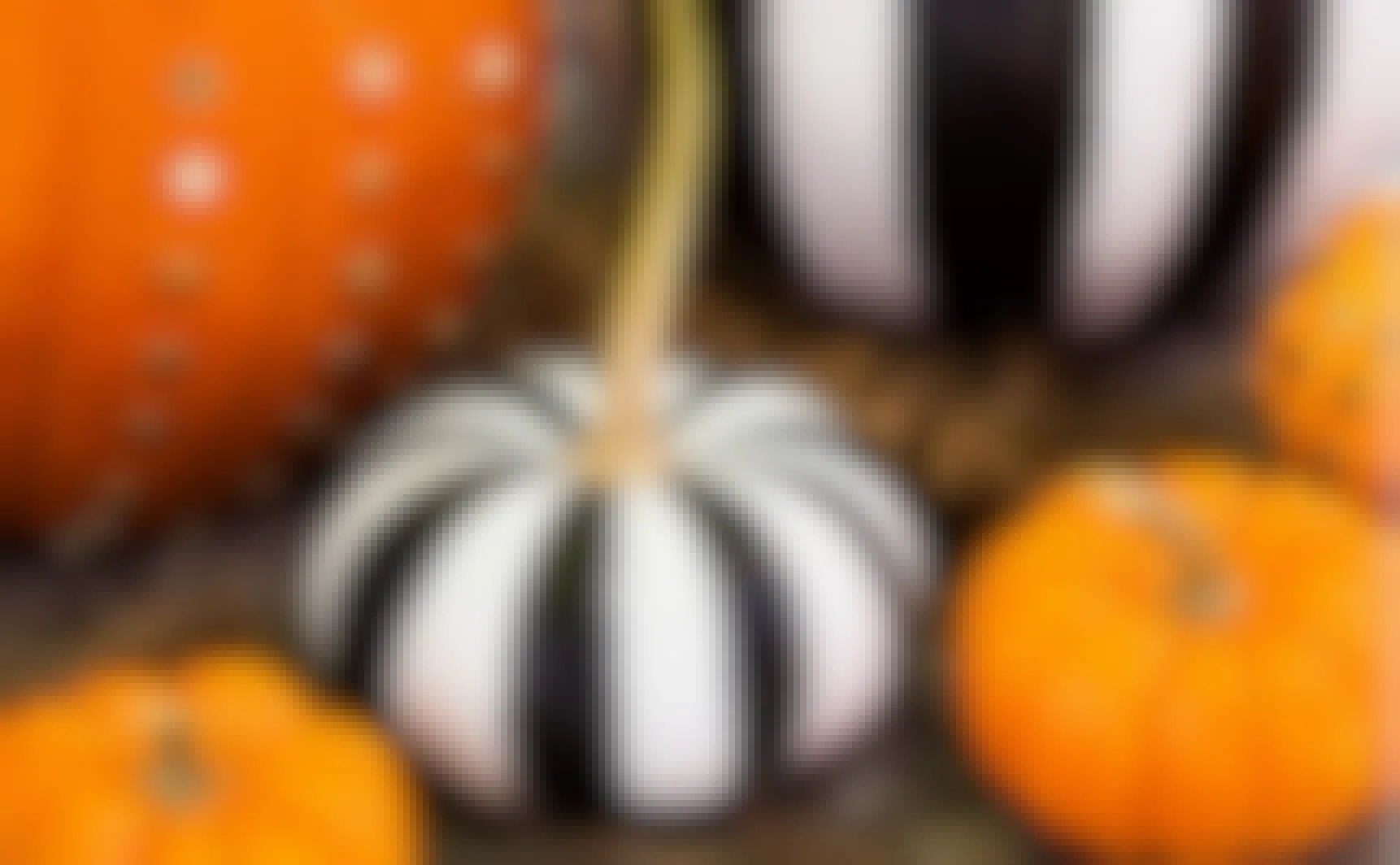 Close-up of an assortment of orange and black and white vertically striped pumpkins on the ground.