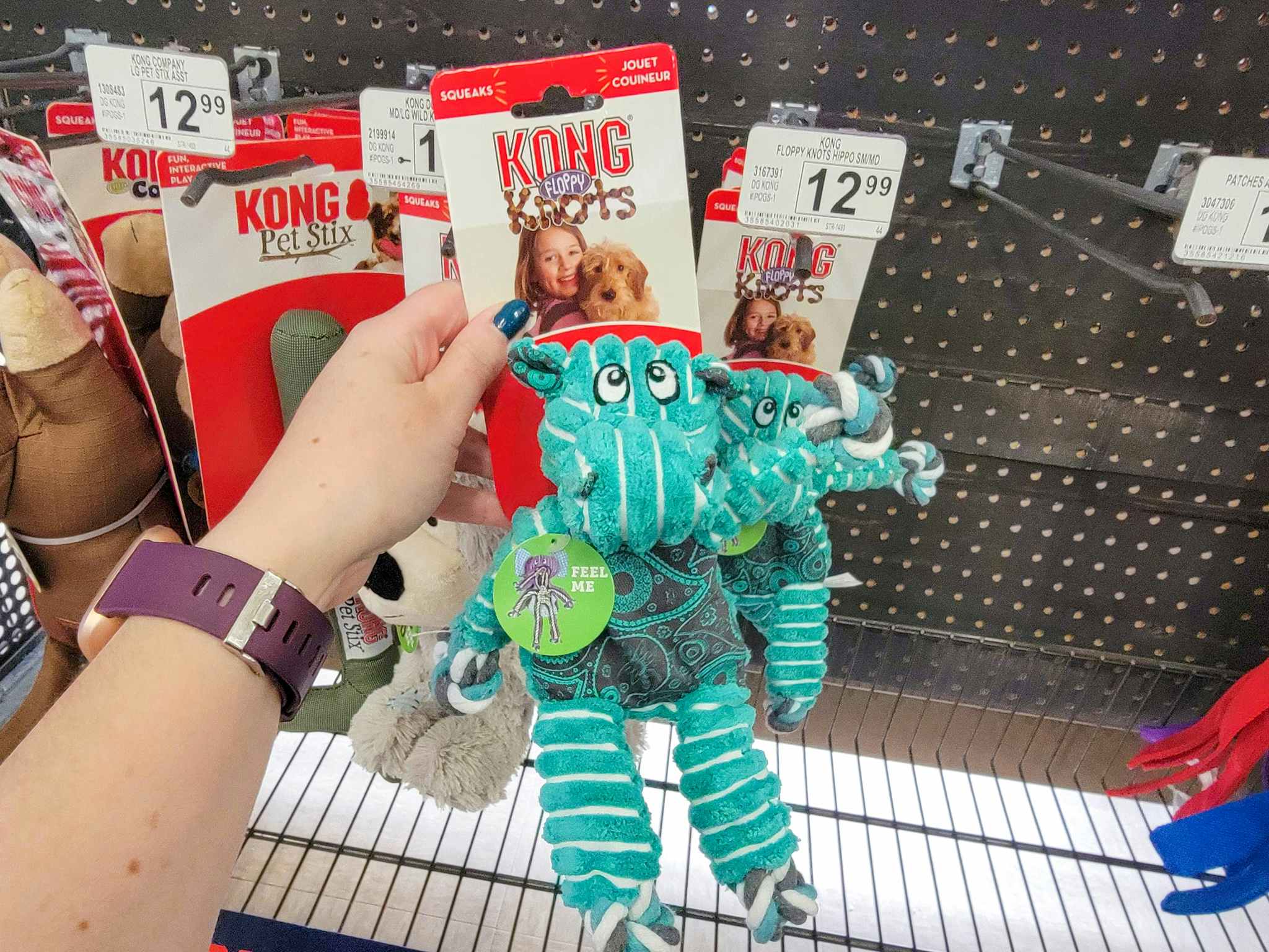 hand holding a kong elephant dog toy