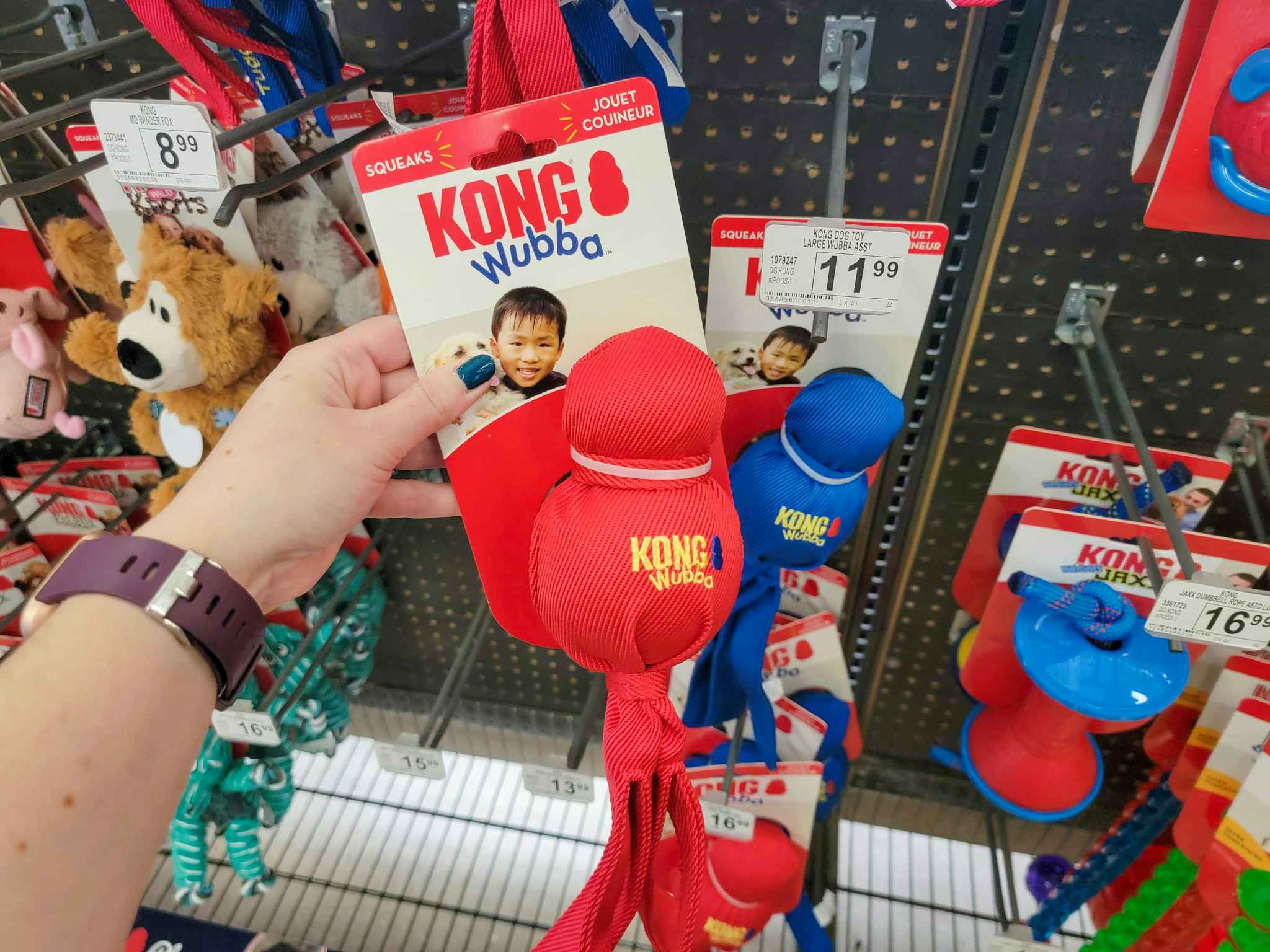 hand holding a kong wubba dog toy