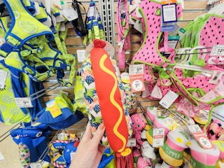 hand holding a large hot dog dog toy