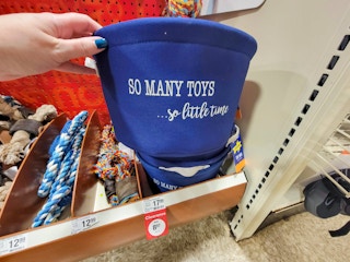hand holding a blue dog toy storage bin