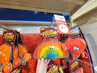 hand holding a rainbow dog toy