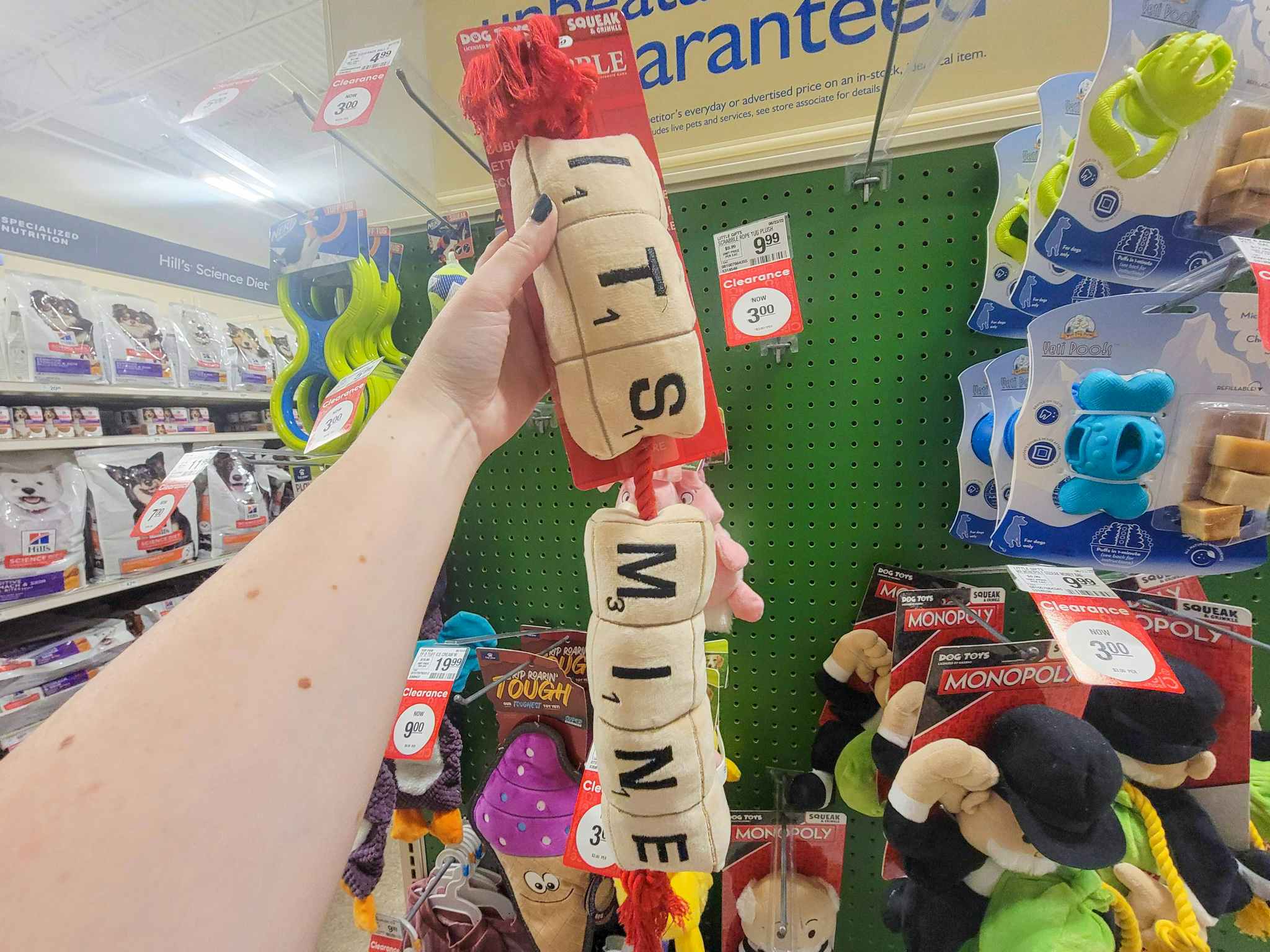 hand holding a scrabble tile dog toy