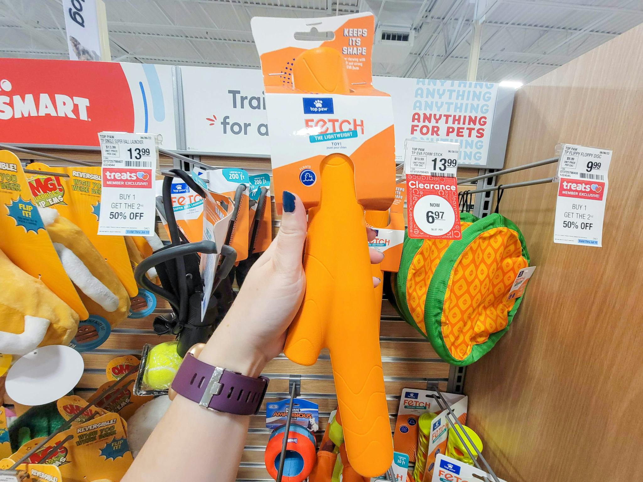 hand holding an orange fetch stick