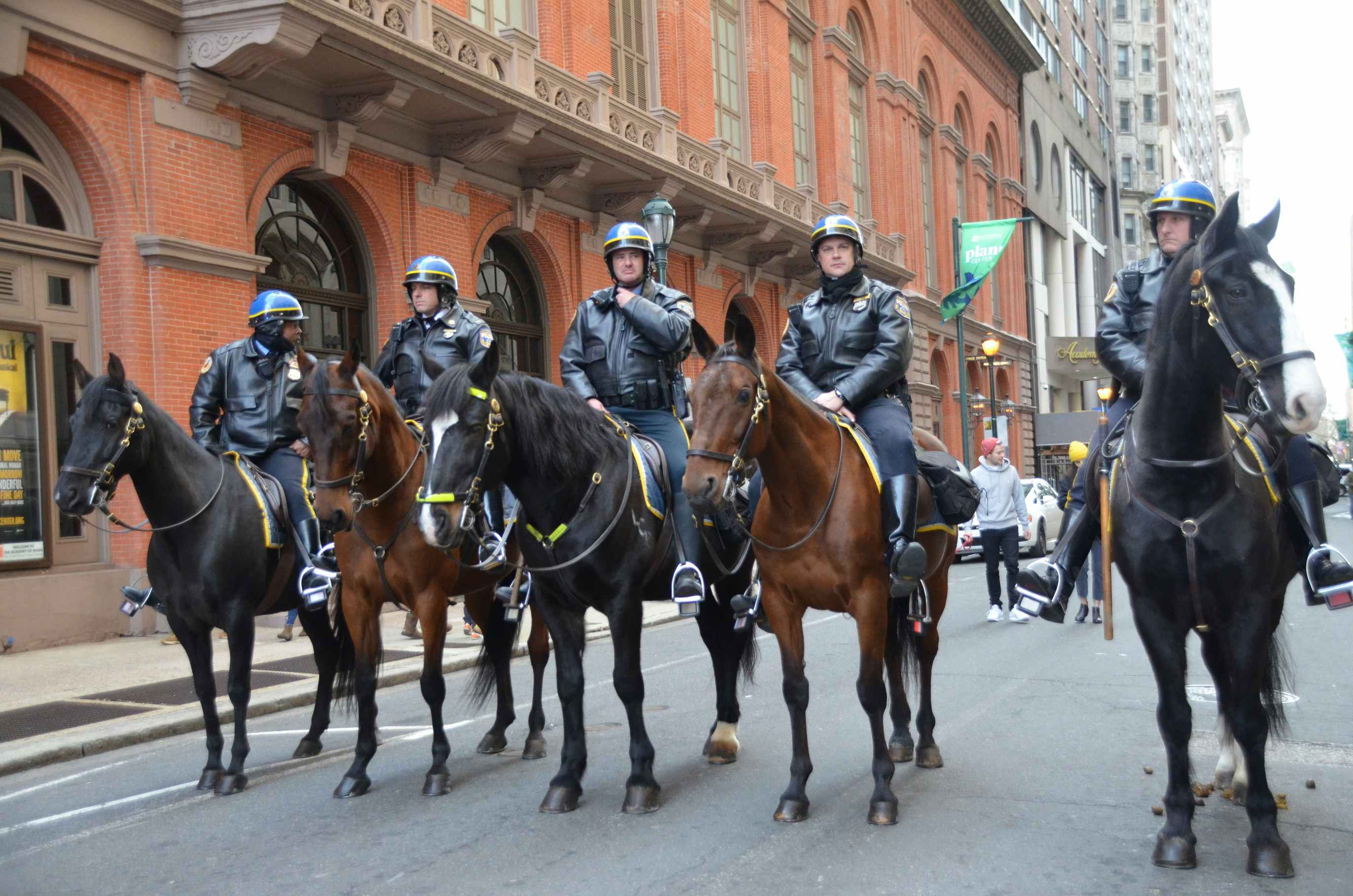 Philadelphia cops on horses riding down a city street