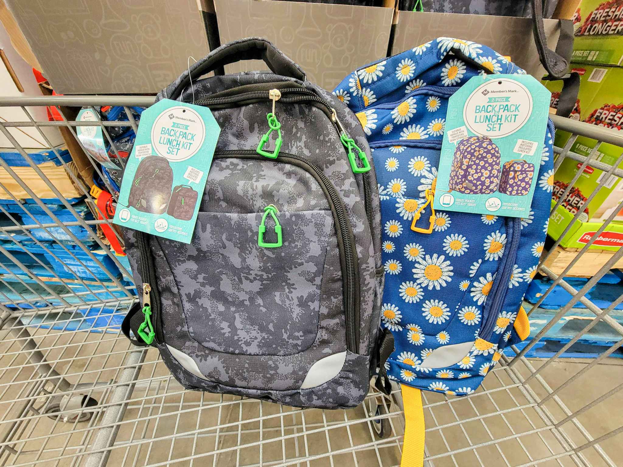 2 backpacks in a cart, that come with a matching lunch box