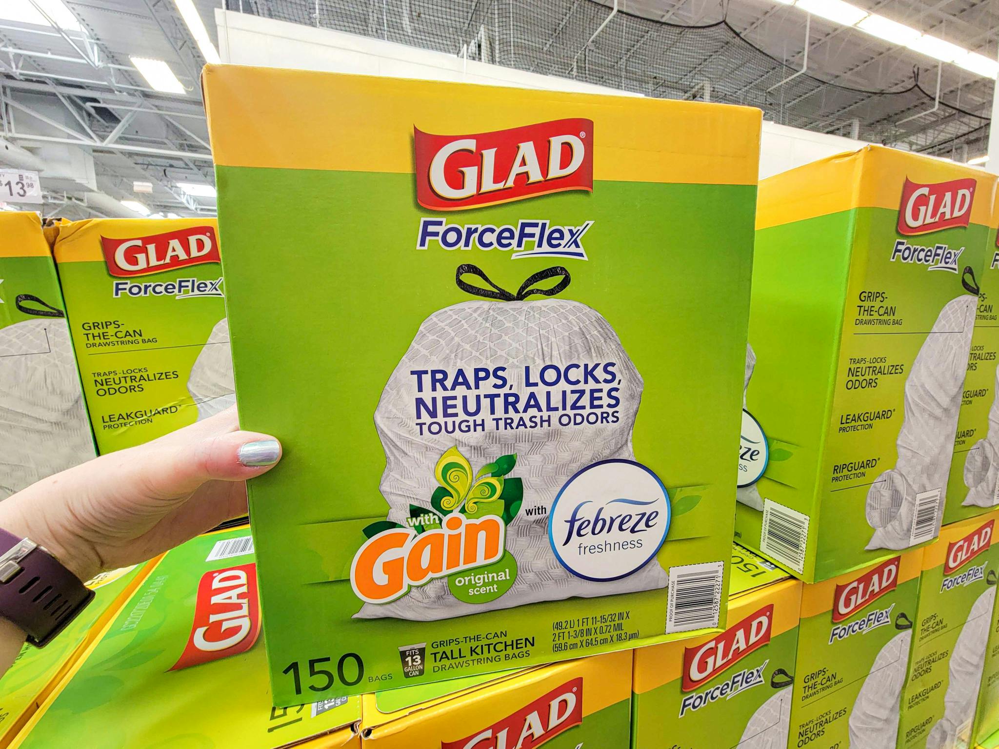 a large box of Glad ForceFlex trash bags that are Gain scented.
