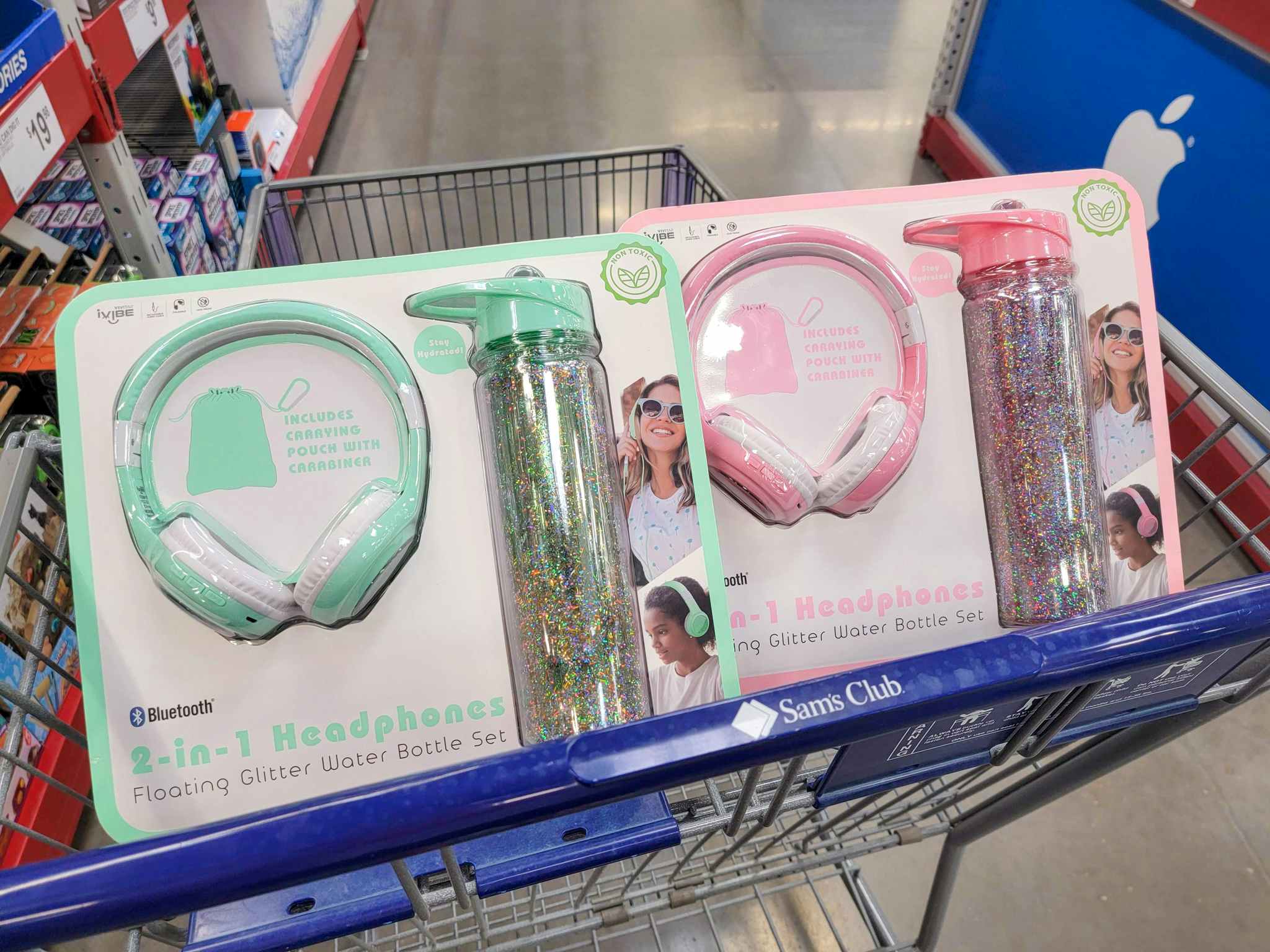 headphone and water bottle sets in a cart